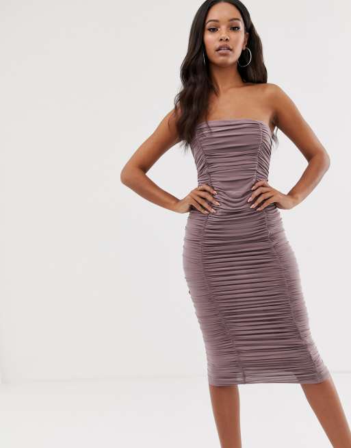 Mink Midi Dress, Mink Ruched Strappy Bodycon Midi Dress