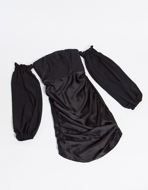 Club L London bardot satin mini dress with volume sleeve in black