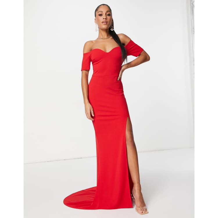 Navy Bardot Thigh Split Maxi Dress – Club L London