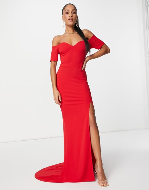 Club L London bardot thigh split maxi dress in red