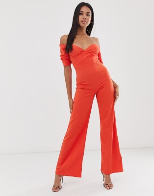 Club L London bardot wide leg jumpsuit in orange