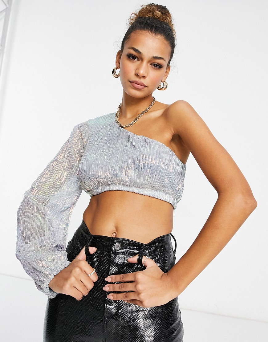 Club L London Blue Sequin One Shoulder Balloon Sleeve Crop Top In Blue-blues