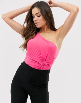 Club L London ruched knot front one shoulder body in hot pink Pink