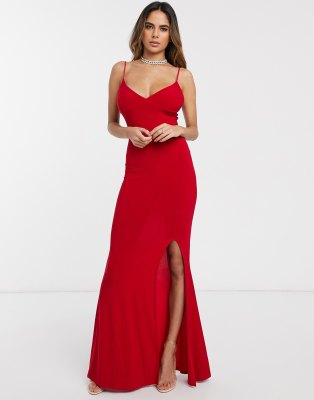 red cami strap maxi dress with thigh split