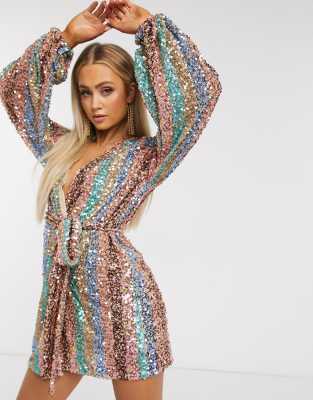 club l rainbow sequin wrap front maxi dress