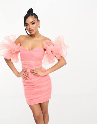 Club L London coral sweetheart organza ruffle sleeve mini dress in pink