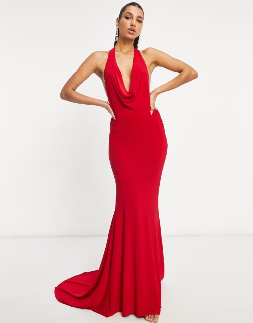 Alana Red Long Sleeve High Neck Maxi Dress with Ruched Waist and Fro – Club  L London - USA