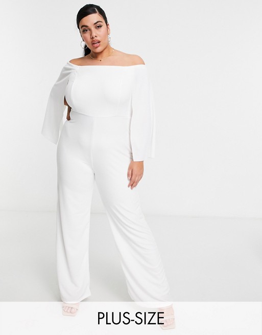 Club L London Curve bardot flared sleeve jumpsuit in white