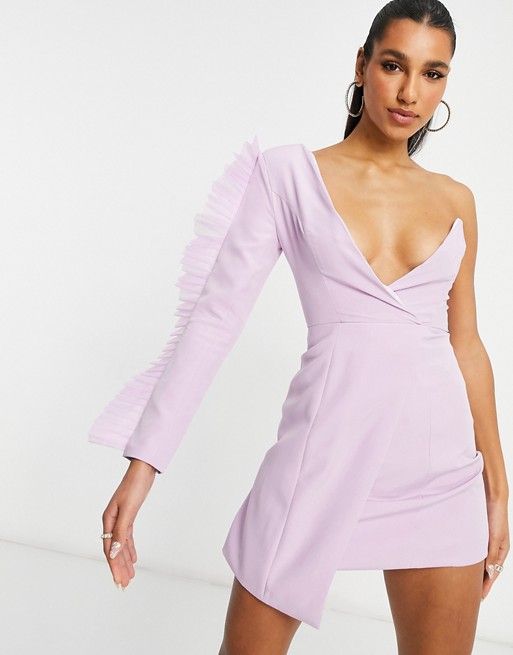 Club L London exaggerated frill one shoulder asymmetric mini dress in lilac