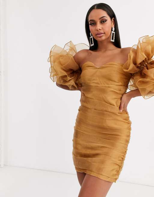 Club L London extreme ruffle sleeve ruched mini bardot dress in gold