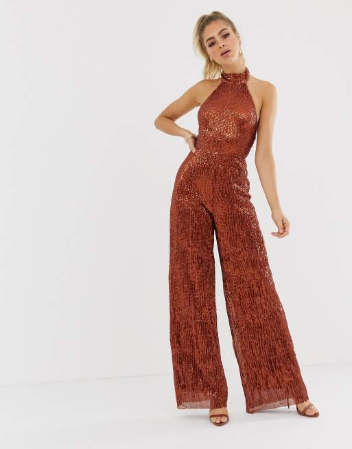 Sequin Crepe Halter Neck Jumpsuit