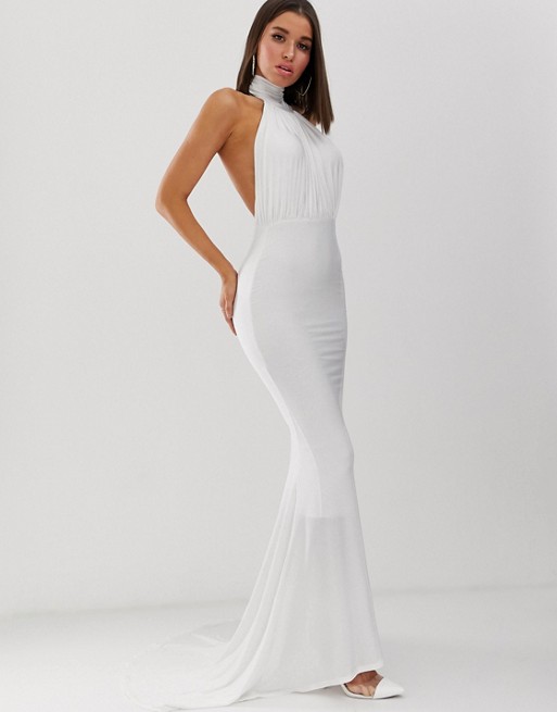 Club L London high neck backless fishtail maxi dress in white