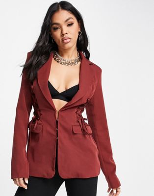 Club L London lace up detail blazer co ord in brown