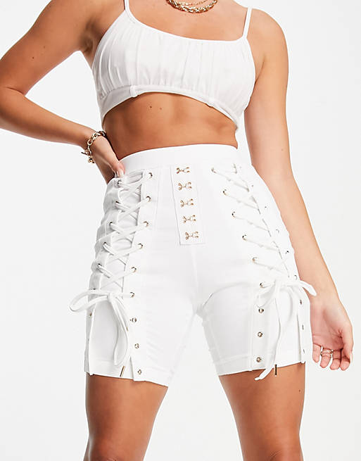 Club L London lace up detail bodycon shorts in white