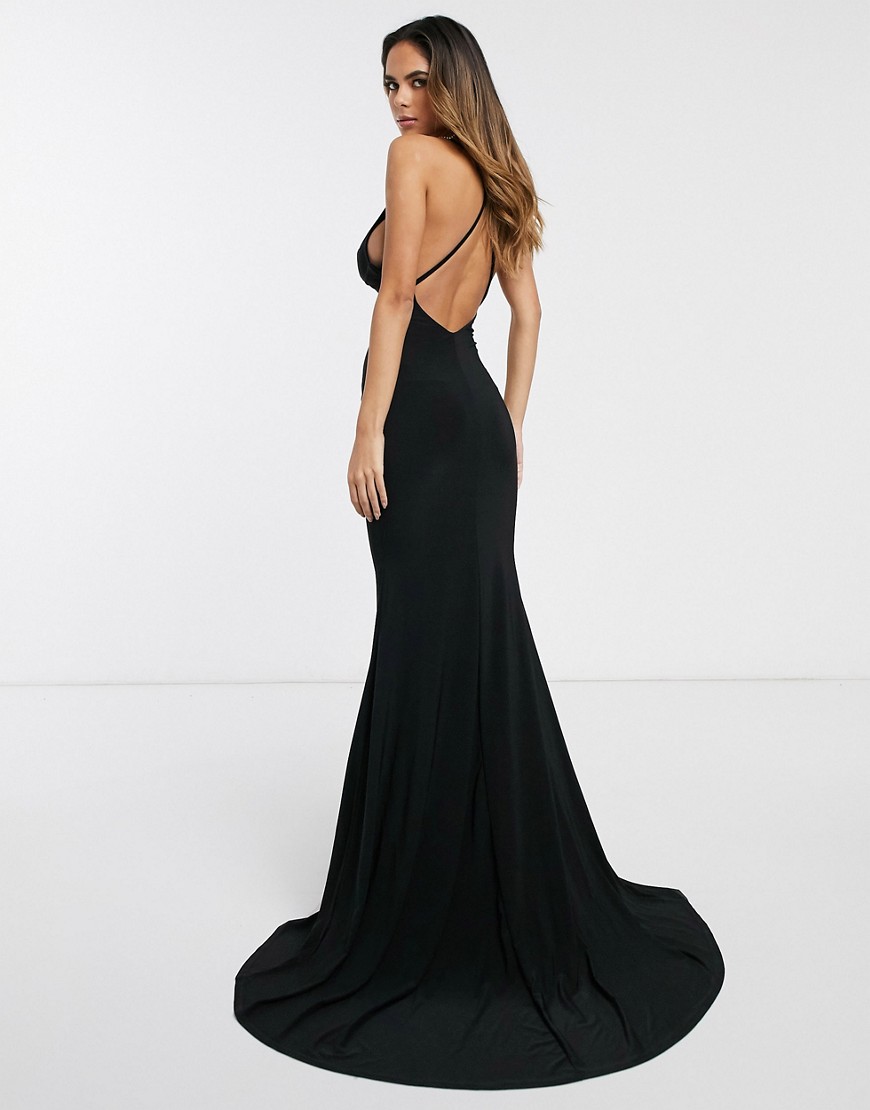 Club L London - Lange jurk met gekruiste achterkant en zeemeerminmodel-Zwart