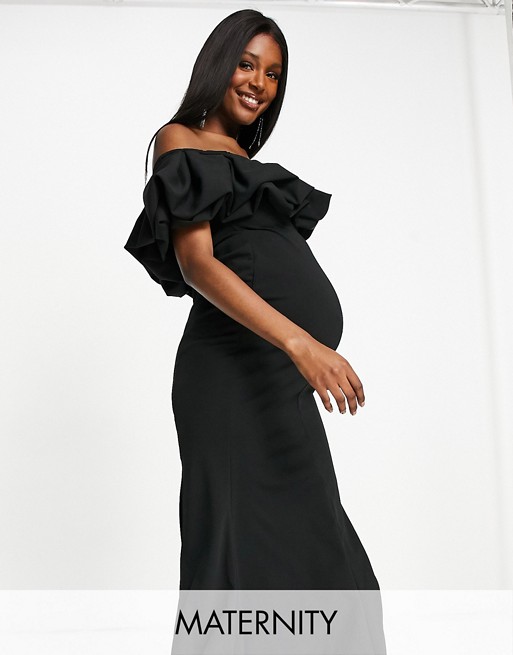Club L London Maternity extreme ruffle detail maxi dress with thigh split in black