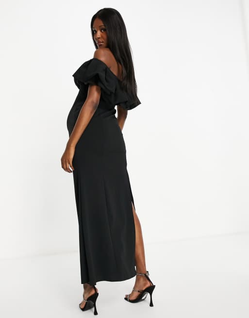Club L London Maternity extreme ruffle detail maxi dress with thigh split  in black | ASOS