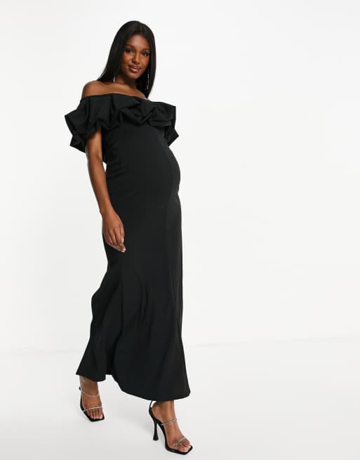 Club L London Maternity extreme ruffle detail maxi dress with thigh split  in black