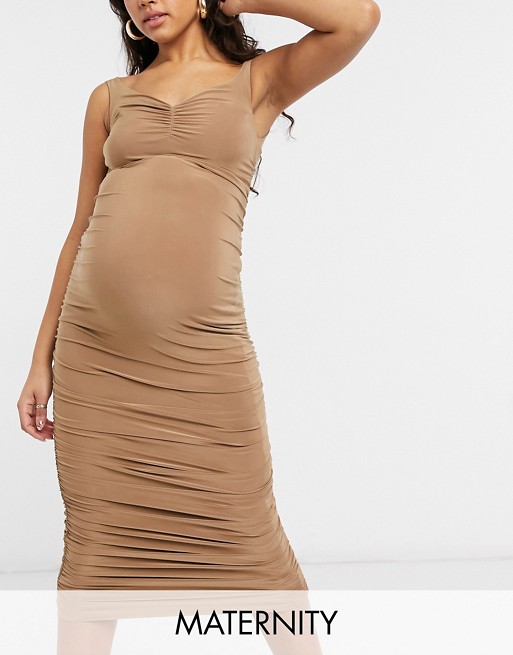 Club L London Maternity off shoulder ruched detail midi dress in camel
