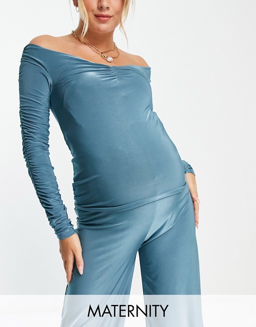 Club L London Maternity ruched sleeve top co ord in petrol blue
