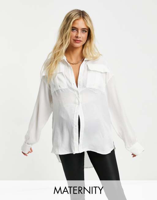 Club L London Maternity oversized satin shirt in cream