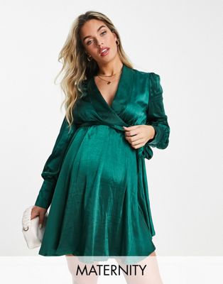 Club L London Maternity satin wrap detail mini skater dress in emerald green