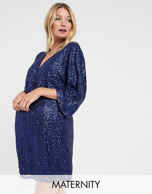 Club L London Maternity sequin knot front mini dress with kimono sleeves in navy