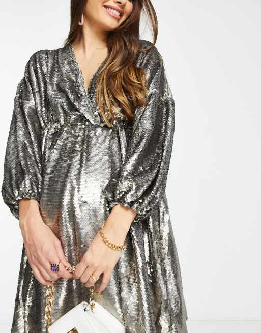 Club L London Maternity sequin plunge front mini skater dress in gray