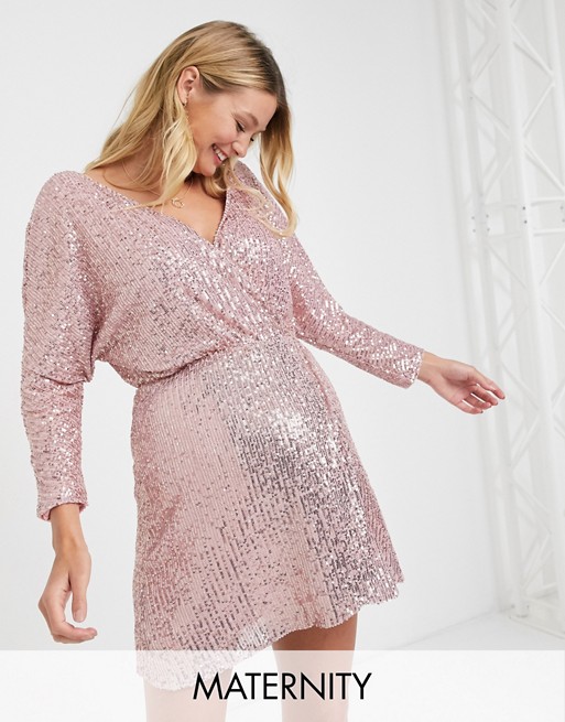 Club L London Maternity sequin wrap front mini sequin dress in soft pink