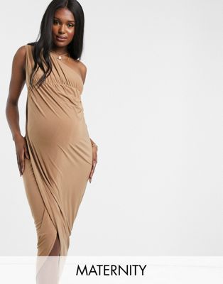 Club L London Maternity slinky one shoulder maxi dress with thigh split in camel - ASOS Price Checker