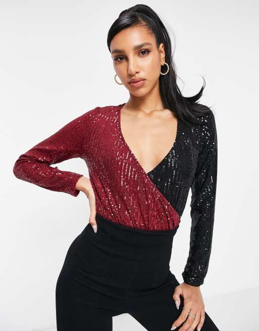 Club L London Mehrfarbiger Body mit Paillettenbesatz und kontrastierendem Wickeldetail ASOS