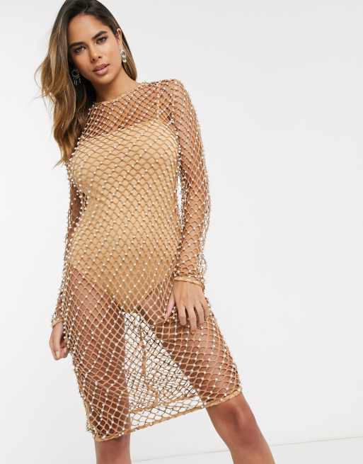 Club L London – Midikleid aus Netzstoff mit Perlendesign in Bronze | ASOS