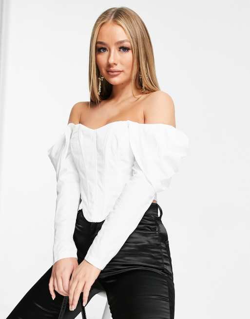 Club L London off shoulder corset top with volume sleeve detail in
