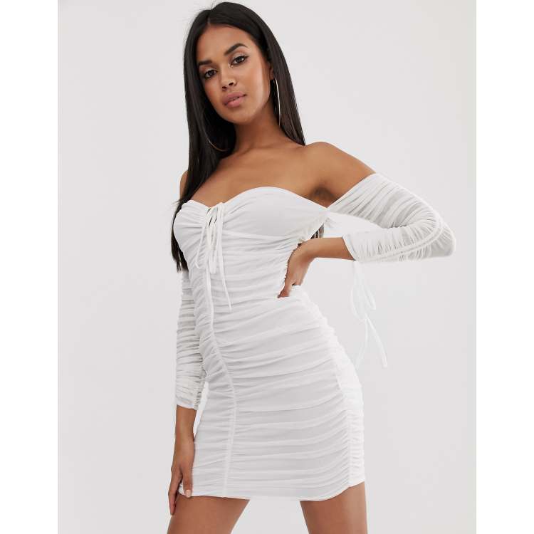 Club L London off shoulder long sleeve ruched mini dress in white