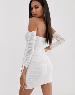 white ruched off the shoulder dress