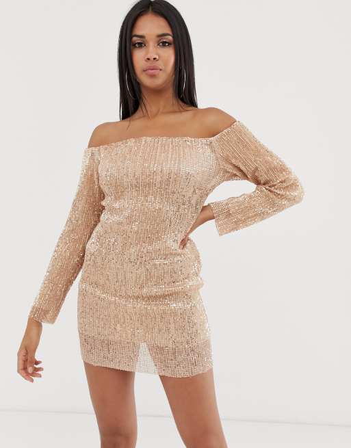 Club L London off shoulder long sleeve sequin mini dress in rose gold