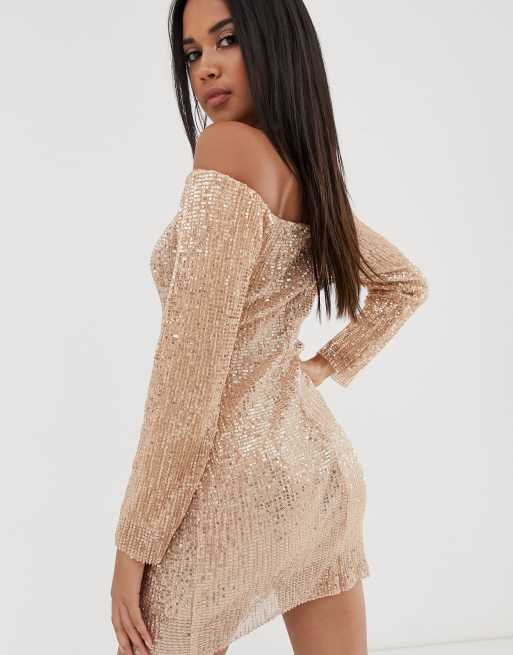 Long sleeve off the shoulder hot sale sequin dress