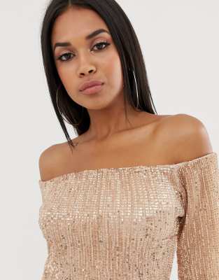 off shoulder sequin top rose gold