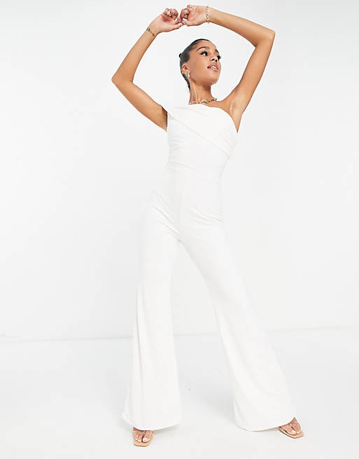 Club L London one shoulder jumpsuit In white