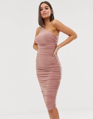 ruched one shoulder midi dress