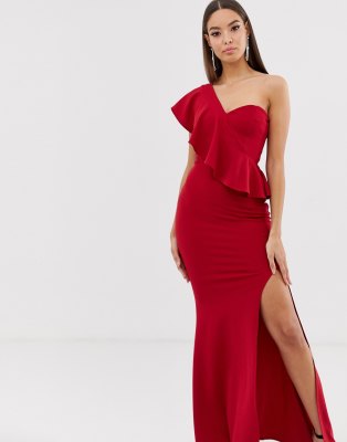 red one shoulder ruffle dress