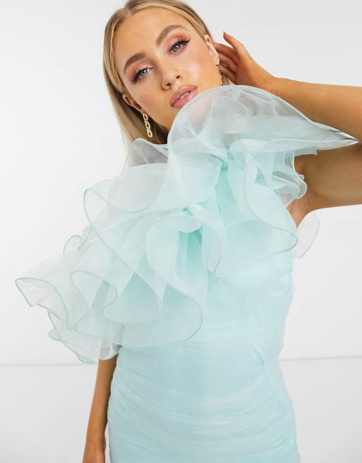 Club L London organza ruffle one shoulder mini dress in mint