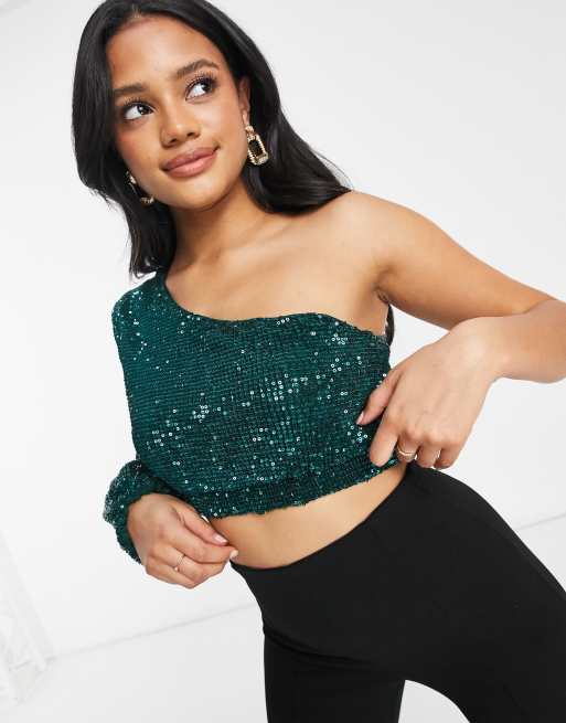 Club L London – Paillettenbesetztes One-Shoulder-Oberteil mit kurzem Schnitt in Smaragdgrün