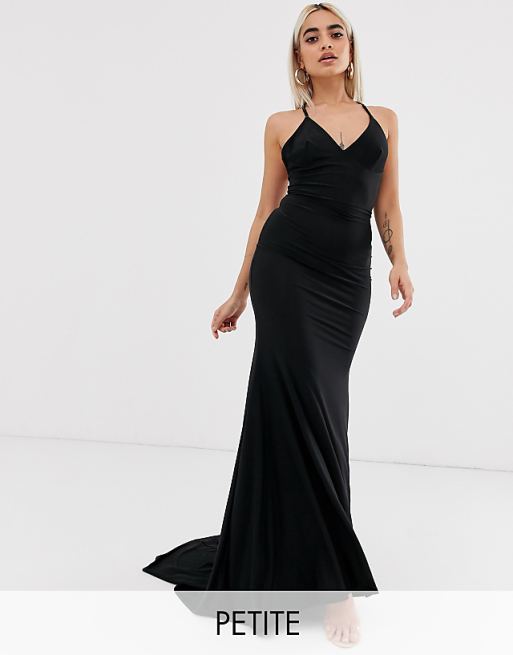 Club L London Petite cross back fishtail maxi in black | ASOS
