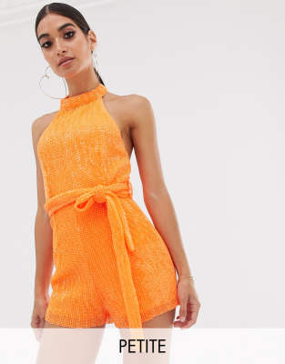 Club L London Petite halterneck sequin playsuit in neon orange