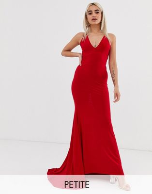 Club L London Petite - Lange jurk met smalle bandjes en lange achterkant in rood