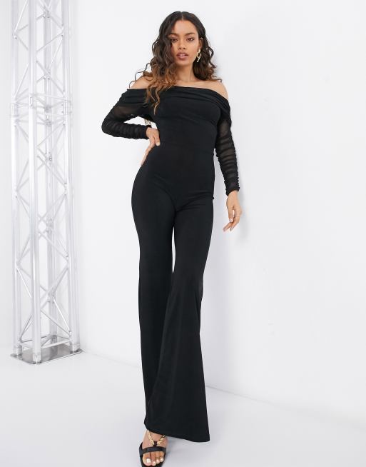 Sophia Petite Black Satin Bandeau Corset Wide Leg Jumpsuit – Club L London  - UK