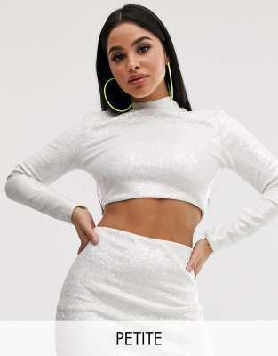 Club L London Petite long sleeve sequin crop top in white