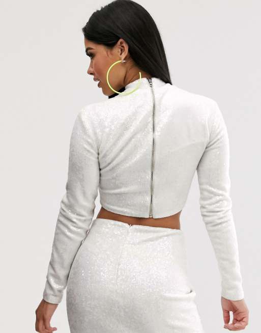 White sequin cheap long sleeve top