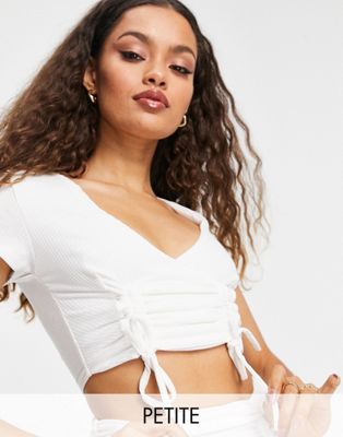Club L London Petite ruched front plunge front crop top co ord in white